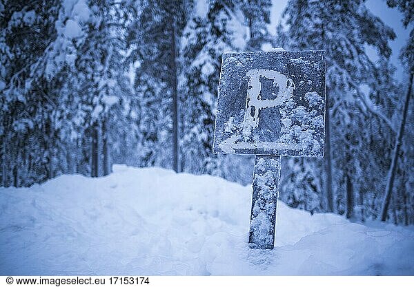 Dangerous driving conditions  with a parking sign post covered in snow in winter in the forest in Lapland  Finland