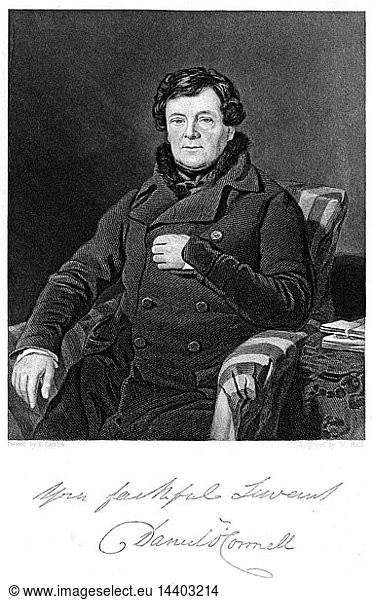 Daniel O"Connell (1775-1847) "The Liberator". Irish patriot and political leader who worked for Catholic emancipation which was granted by the British parliament in 1829  and for Repeal (of Union with Britain) movement. Engraving after Thomas Carrick (d1874).