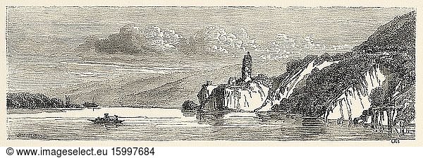 Danube river near Hainburg  Nieder Sterreich  Lower Austria Europe. Old 19th century engraved illustration  Le Tour du Monde 1863.
