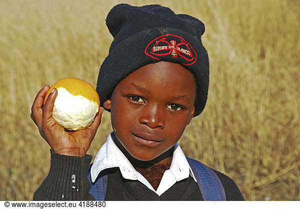Dark skinned Boy with an orange  Midlands  KwaZulu-Natal  South Africa