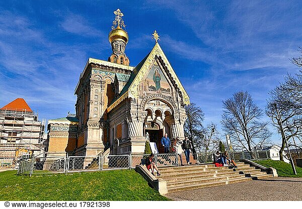 Darmstadt  Germany  March 2020: The Russian Chapel known as St. Mary Magdalene Chapel  a historic Russian Russian revival orthodox church in Darmstadt  Europe