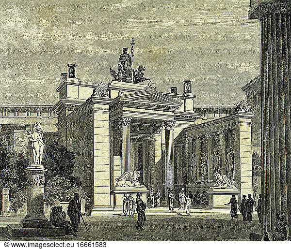 Das antike Griechenland. Eleusis. Säulengänge. Kupferstich  19. Jahrhundert.