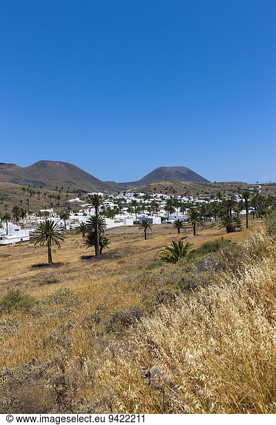 Das Bergdorf Haría mit seinen weißen Häusern  hinten der Vulkan Monte Corona  Maguez  Lanzarote  Kanarische Inseln  Spanien