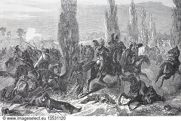 Das 3. sächsische Kavallerie-Regiment in der Schlacht bei Buzaney am 27. August 1870  Deutsch-Französischer Krieg 1870/71  Holzschnitt