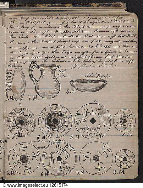 Das Schliemannsche Tagebuch enthält Skizzen von Entdeckungen  1873. Künstler: Schliemann  Heinrich (1822-1890)