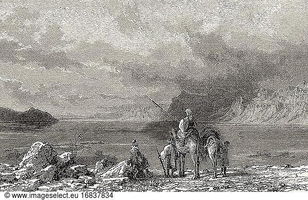 Das Tote Meer  Israel. Alte gestochene Illustration aus dem 19. Jahrhundert Reise nach Jerusalem von Alphonse de Lamartine aus El Mundo en La Mano 1879.