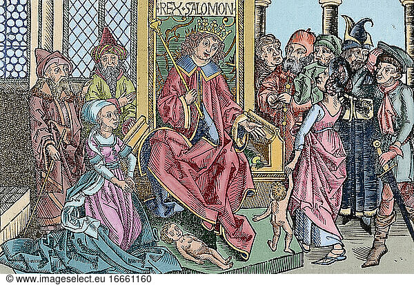 Das Urteil Salomons. Kupferstich  16. Jahrhundert. Koloriert.