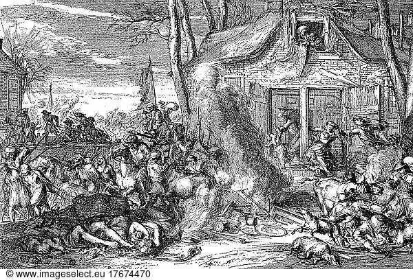 Das Wüten der Franzosen in Holland  1672  Der Holländische Krieg  auch Niederländisch-Französischer Krieg genannt  war ein gesamteuropäischer militärischer Konflikt  der von 1672 bis 1678 dauerte  digital restaurierte Reproduktion einer Vorlage aus dem 19. Jahrhundert  genaues Datum unbekannt
