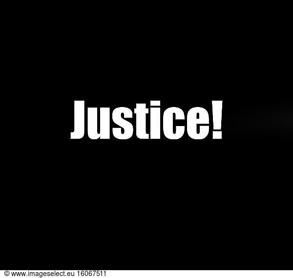Das Wort Gerechtigkeit mit weißen Buchstaben und schwarzem Hintergrund für Black Lives Matter Konzept Rassismus.