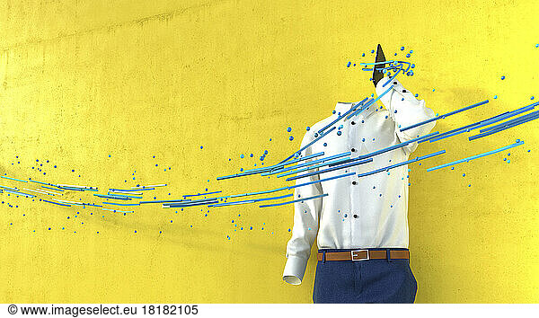 Data floating in front of invisible person talking on phone in front of yellow wall