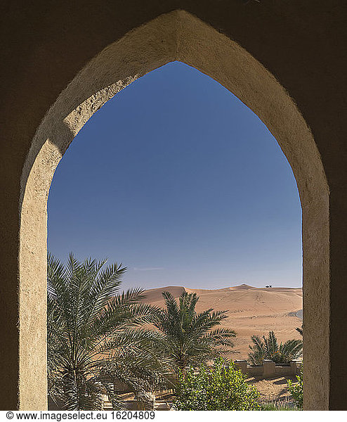 Dattelpalmen und Sanddünen in der Wüste Empty Quarter  zwischen Saudi-Arabien und Abu Dhabi  VAE