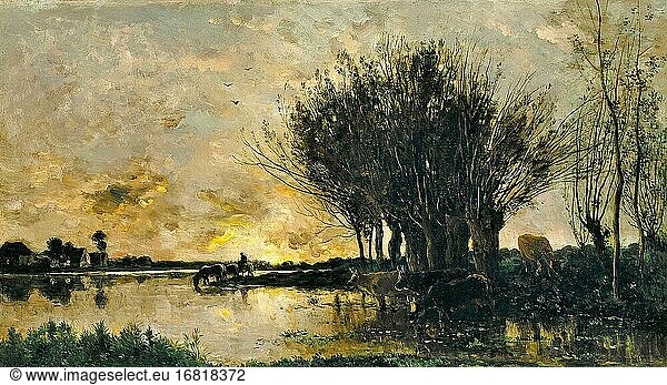 Daubigny Charles Fran?ois - Vaches S 'abreuvant a La Rivi?re - Französische Schule - 19. Jahrhundert.