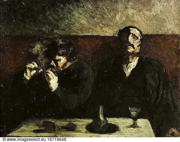 Daumier  Honoré. 1808–1879. “Fumeur et buveur d’absinth (smoker and absinthe drinker)  c. 1855/60. Oil on panel  27 × 34.5cm.
Zurich  G.Buehrle Collection.