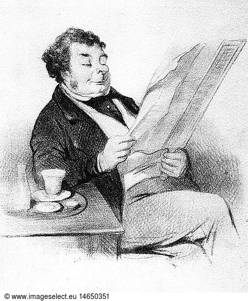 Daumier  Honore  26.2.1808 - 10.2.1879  frz. Maler  Karikaturist  Werke  Karikatur  Politiker beim Zeitunglesen Daumier, Honore, 26.2.1808 - 10.2.1879, frz. Maler, Karikaturist, Werke, Karikatur, Politiker beim Zeitunglesen,