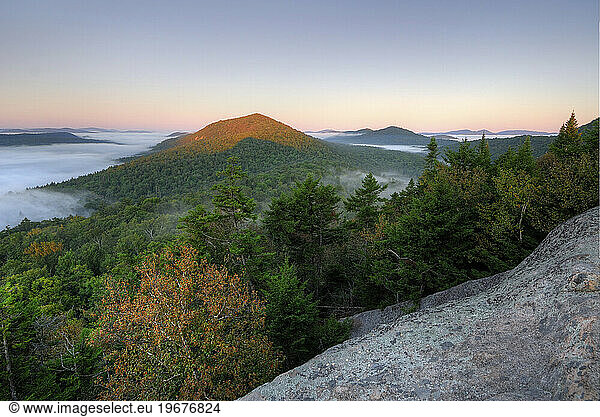 Dawn and morning fog  Adirondack Park  New York  USA