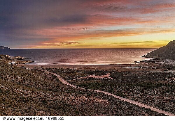 Dawn at the beach El Playazo  aerial view  drone shot  Nature Reserve Cabo de Gata-Nijar  Almeria province  Andalusia  Spain  Europe
