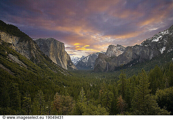 Dawn over Yosemite Valley capturing El Capitan  Half Dome and Bridal Veil Falls in Yosemite National Park  California  USA; FALL 2009.