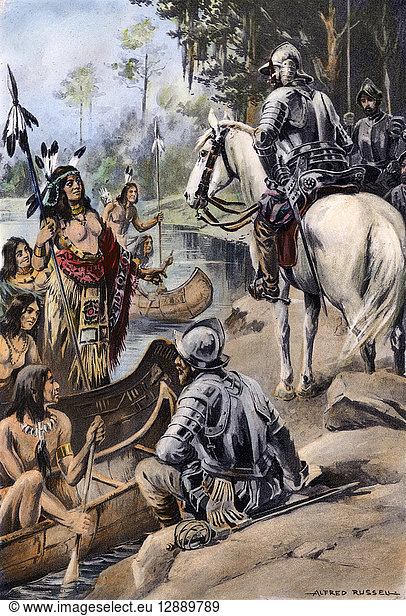 DE SOTO: COFITACHEQUI  1540. The queen of the Cofitachequi Native Americans greets Hernando de Soto and members of his expedition during their journey through present-day South Carolina  May 1540. Illustration by Alfred Russell  1904.