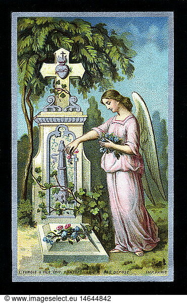 death  angel strewing flowers on a grave  lithograph  France  1904