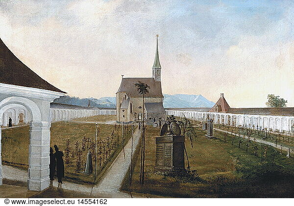 death  cemeteries  old cemetary in Traunstein  painting  circa 1830  oil on canvas  Traunstein
