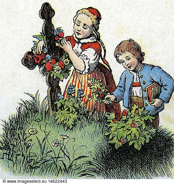 death  children decorating grave with flowers  Germany  circa 1860