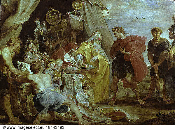 Decius Mus consulting the soothsayerDecius Mus consulting the soothsayerDecius Mus  Publius; Roman consul  d.340 BC.- 'Decius Mus consulting the soothsayer'. - (A priest examines the entrails of a sacrificed animal and announces to DeciusMus that he will die; - Latin War 340-338 B.C. According to Livius VIII  6-9).Oil sketch  c. 1617  by Peter Paul Rubens (1577-1640). Bozzetto to the second painting of the Decius-Mus cycle.Oil on wood  74 x 193.5 cm. Winterthur  Kunst Museum Winterthur - Reinhart am Stadtgarten.