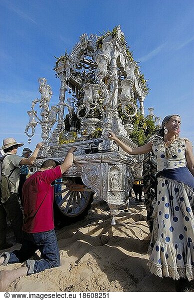Decorated ox cart  Romeria pilgrimage to El Rocio  Almonte  Huelva  Andalusia  Spain  ox cart  Europe