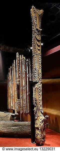 Decorated wooden pole from a ceremonial house of the Latmul tribe