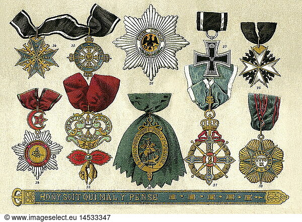 decorations  medal number 24 and 25: Pour le Merite for military and civilian  number 26: medal of the black eagle  number 27: Iron Cross  number 28: Order of St. John  number 34: Order of the Medjidie  number 35: Order of the Golden Fleece  number 36: Order of the Garter  number 38: Order of Pius IX  lithograph  Germany  circa 1887