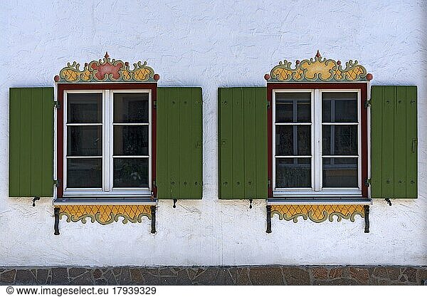 Decorative windows with shutters  Nesselwang (Ostallgäu)  Bavaria  Germany  Europe