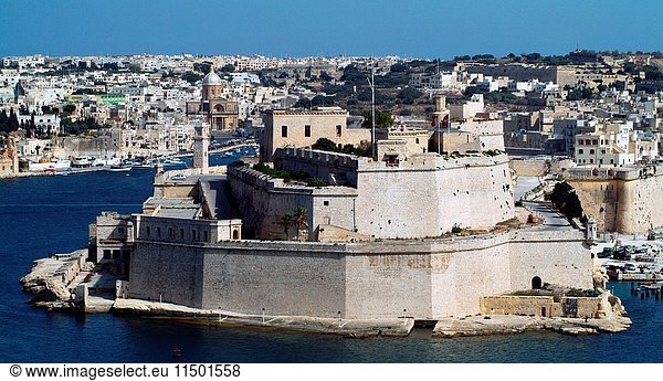 Defensive fortifications of Sant Angelo Fort in the Grand Harbour by Valletta  Malta Europe.