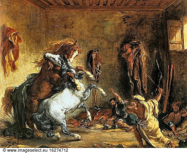 Delacroix Eug?ne - Arabische Pferde  die in einem Stall kämpfen - Französische Schule - 19. Jahrhundert.