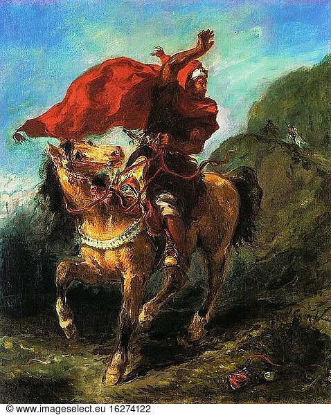 Delacroix Eug?ne - Arabischer Häuptling  der seinen Gefährten ein Zeichen gibt - Französische Schule - 19. Jahrhundert.