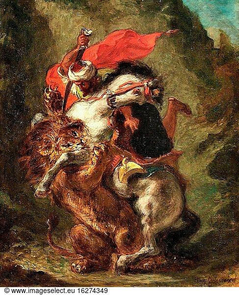 Delacroix Eug?ne - Arabischer Reiter und Löwe - Französische Schule - 19. Jahrhundert.