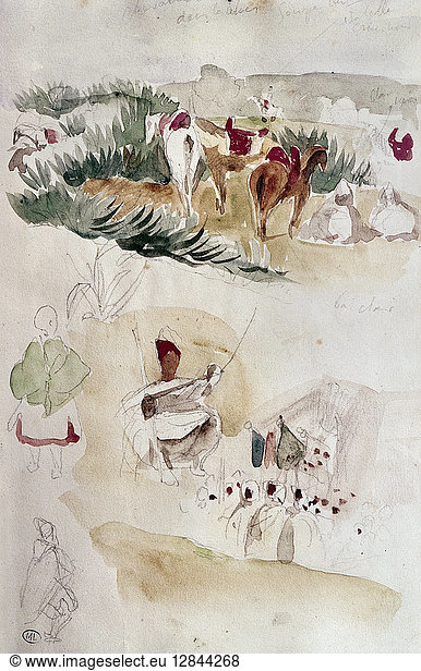 DELACROIX: NORTH AFRICA. Sketches of people and horses in North Africa. Watercolor by Eugene Delacroix  c1832.