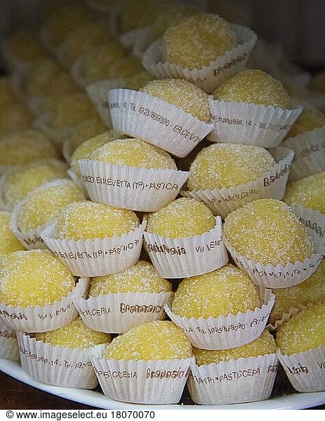 Delicacies made up of almonds and lemon filling with a marzipan cover  Erice  Sicily  Italy  Europe