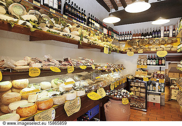 Delicacies Shop selling Pecorino Cheese and Ricatino Bacon  Pienza  Val d'Orcia (Orcia Valley)  UNESCO World Heritage Site  Siena Province  Tuscany  Italy  Europe
