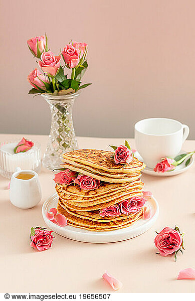 Delicious breakfast On Table. Cover for pancakes recipe. Text space.