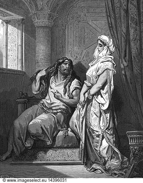 Delilah learning the secret of Samson"s great strength so that she can betray him to the Philistines. Without his long hair he will be helpless. Illustration by Gustave Dore (1832-1883) French painter and illustration for "The Bible" (London  1866). Wood engraving.