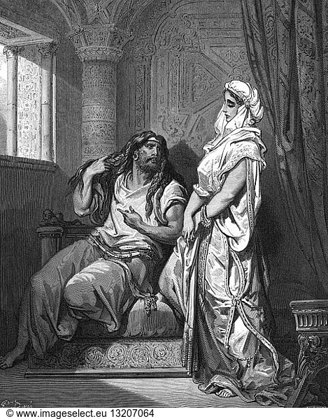 Delilah learning the secret of Samson's great strength so that she can betray him to the Philistines. Without his long hair he will be helpless. Illustration by Gustave Dore (1832-1883) French painter and illustration for 'The Bible' (London  1866). Wood engraving.
