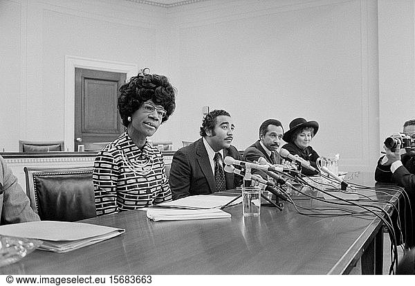 Democratic U.S. Congresswoman Shirley Chisholm Announcing her Candidacy for U.S. Presidential Nomination with Representatives Parren Mitchell  Charles Rangel  and Bella Abzug seated at Table with Microphones  Thomas J. O'Halloran  January 25  1972
