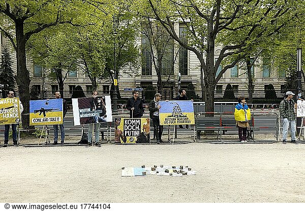 Demonstrators with signs against the Russian war of aggression stand in front of the Russian embassy  Berlin  Germany  Europe