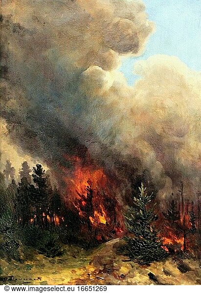 Denisov-Uralsky Alexei - Forest Fire - Russian School - 19th Century.