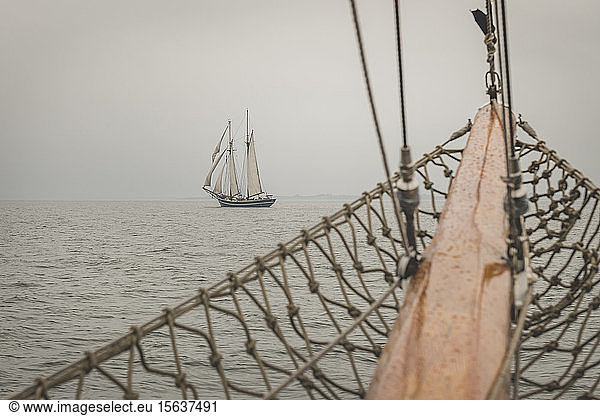 Denmark  Baltic Sea  Sailing ship seen from gaff schooner bowspritÂ 