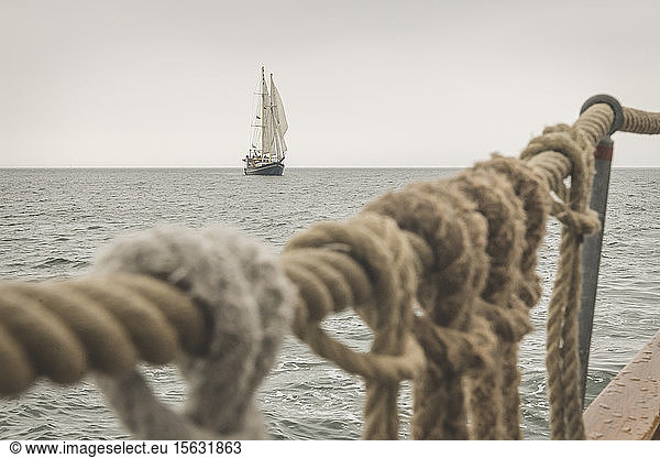 Denmark  Baltic sea  Traditional sailing ship seen from gaff schooner deckÂ 