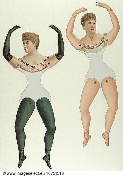 Dennison Manufacturing Co. 1890–1930. Ballerina and Bloomer Girls (Prima Donna) Paper Dolls  Print  ca. 1890–1905. Lithographs  36.5 × 15.5 cm.
Inv. Nr. 59.616.403a-g
New York  Metropolitan Museum of Art.