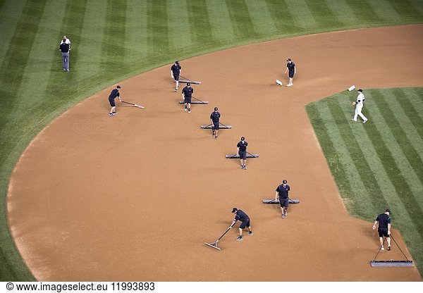 Denver  Colorado - The grounds crew grooms the infield between innings of a baseball game at Coors Field.