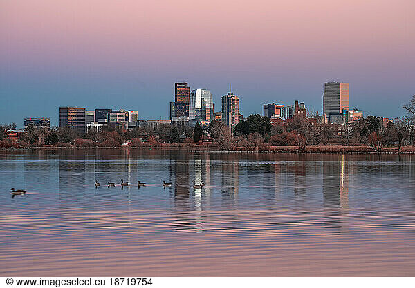 Denver skyline as seen from the Sloan Lake at sunset