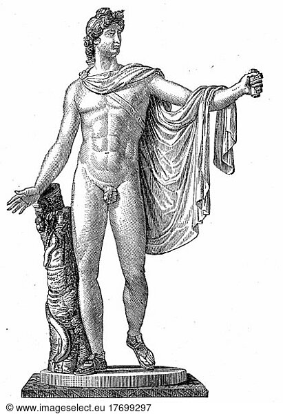 Der Apollo Belvedere oder Apollo des Belvedere  Pythischer Apollo ist eine Marmorskulptur aus der klassischen Antike. Sie wurde im späten 15. Jahrhundert in Mittelitalien wiederentdeckt  die Geschichte des antiken Roms  des Römischen Reiches  Italien  digital restaurierte Reproduktion von einer Vorlage aus dem 19. Jahrhundert  Europa