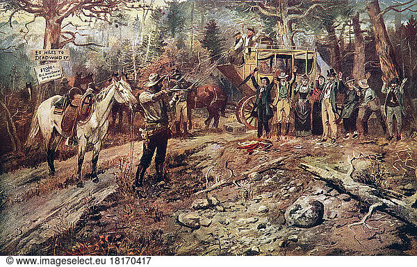 Der Überfall. Nach einem Werk des amerikanischen Künstlers Charles Marion Russell  1864-1926. Eine US-Postkutsche wird von Banditen überfallen.